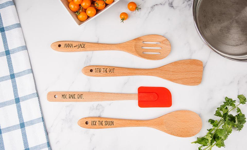 Personalized Four-Piece Beechwood Kitchen Utensil Set