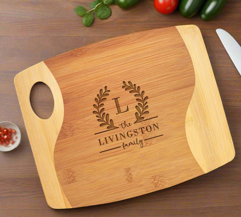 Personalized Bamboo Two Tone Cutting Board with Handle - - Lazerworx