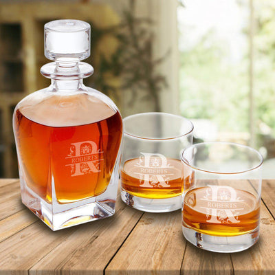 Personalized Antique 24 oz. Whiskey Decanter Gift Set - Stopper & 2 Lowball Glasses - Modern - JDS
