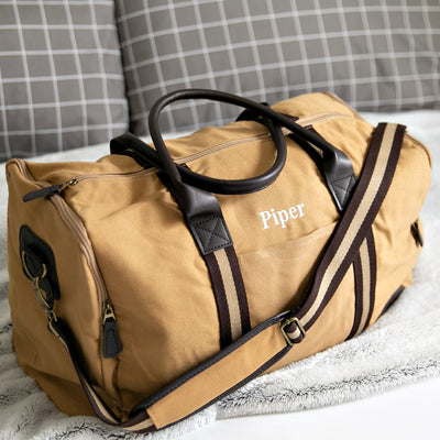 Personalized Khaki Duffle Bag - Heavy Canvas Gym Bag