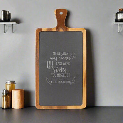 Personalized Acacia Wood/Slate Cutting Board with Handle - - Lazerworx