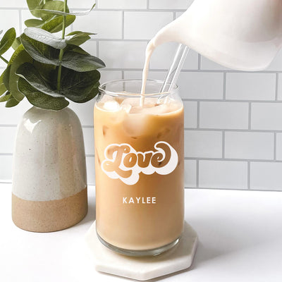 Personalized Retro Valentine's Day Glass Can With Glass Straw And Bamboo Lid - 16oz