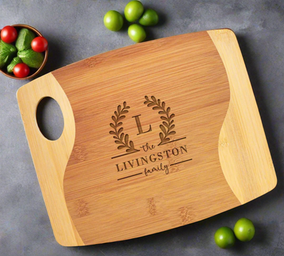 Personalized Bamboo Two Tone Cutting Board with Handle - - Lazerworx