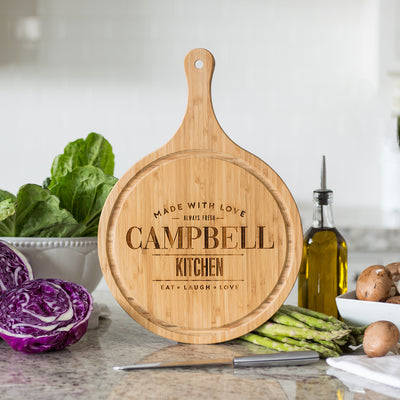 Personalized Large Handled Round Cutting Board with Juice Grooves - Modern Collection