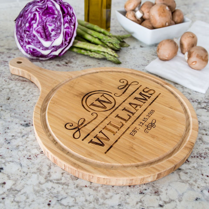Personalized Large Handled Round Cutting Board with Juice Grooves - Modern Collection