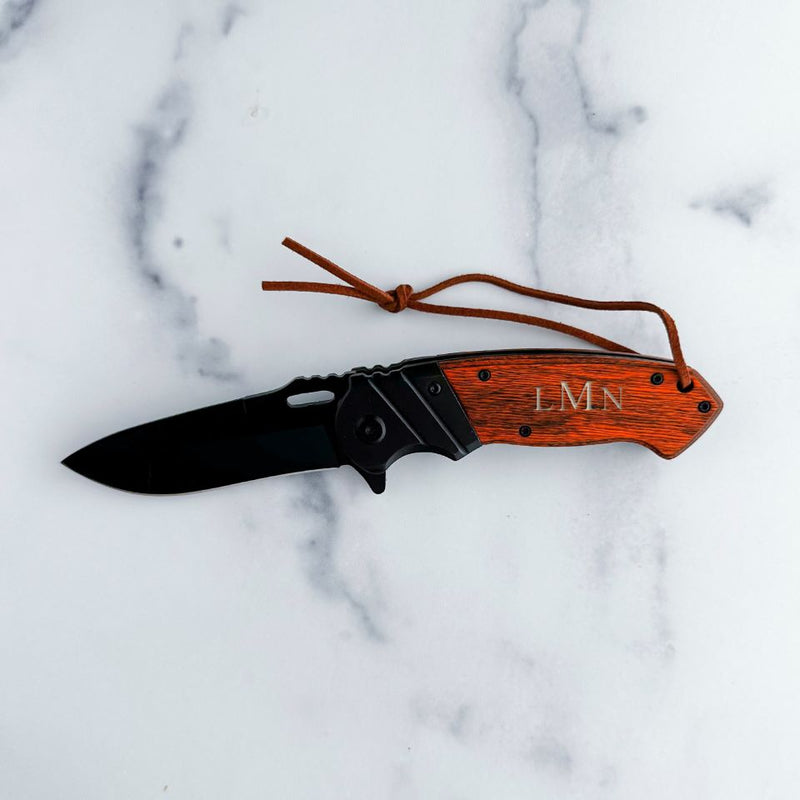 Personalized Wood Handle Hunting Knife With Wrist Lanyard