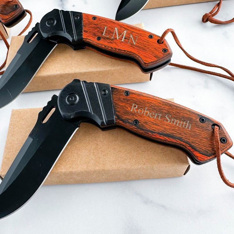 Personalized Wood Handle Hunting Knife With Wrist Lanyard