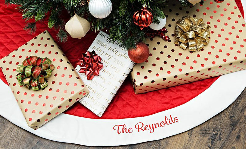 Personalized Red Velvet Quilted Christmas Tree Skirt