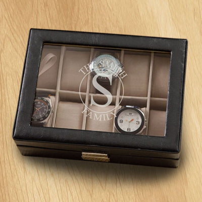Monogrammed Watch Box - Black Leather - Holds 10 Watches