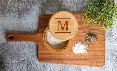 Personalized Monogram Bamboo Salt Box with Magnetic Swivel Lid