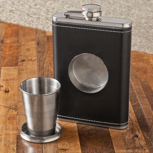 Personalized Folding Flask & Shot Glass - Leather - 8 oz.