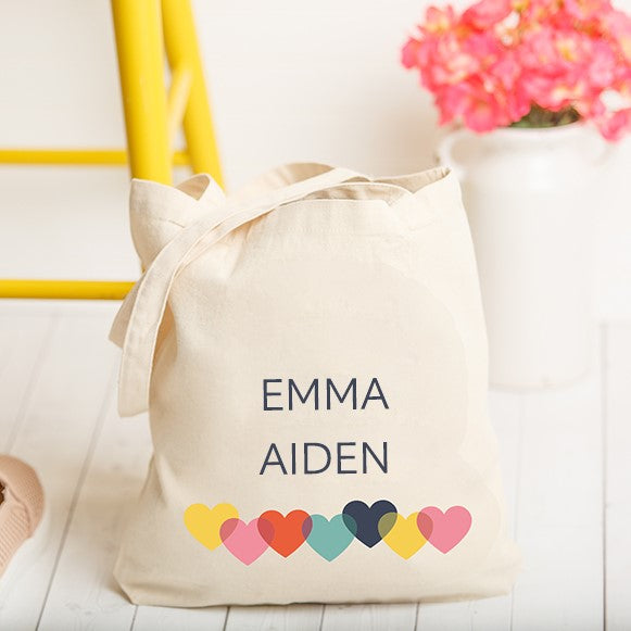 Personalized Family Names Tote Bag with Hearts