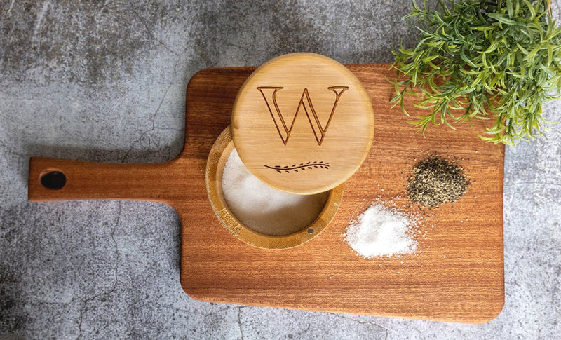 Personalized Monogram Bamboo Salt Box with Magnetic Swivel Lid