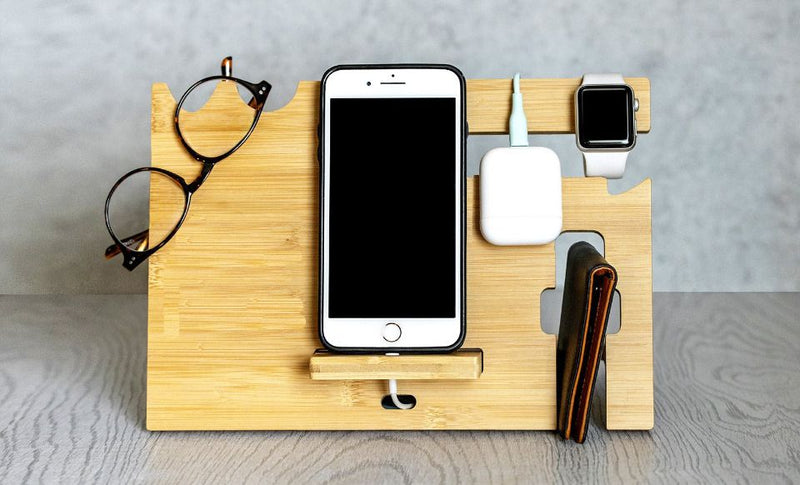 Personalized Bamboo Cell Phone Charging Station and Desk Organizer