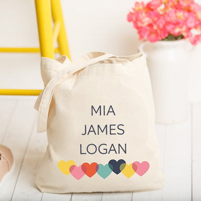 Personalized Family Names Tote Bag with Hearts