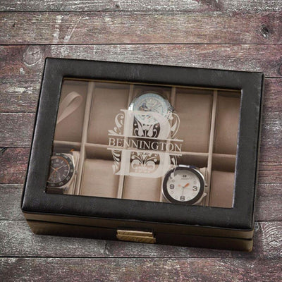 Monogrammed Watch Box - Black Leather - Holds 10 Watches