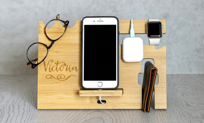 Personalized Bamboo Cell Phone Charging Station and Desk Organizer