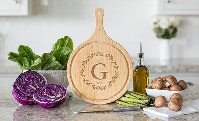 Corporate Gift Item - Large Handled Round Cutting Board with Juice Grooves - Modern Collection