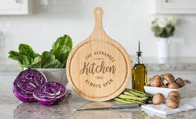 Corporate Gift Item - Large Handled Round Cutting Board with Juice Grooves - Modern Collection
