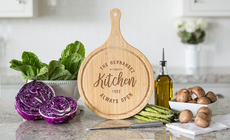 Corporate Gift Item - Large Handled Round Cutting Board with Juice Grooves - Modern Collection
