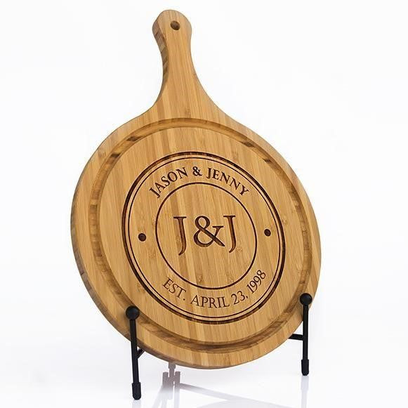 Personalized Large Handled Round Cutting Board with Juice Grooves
