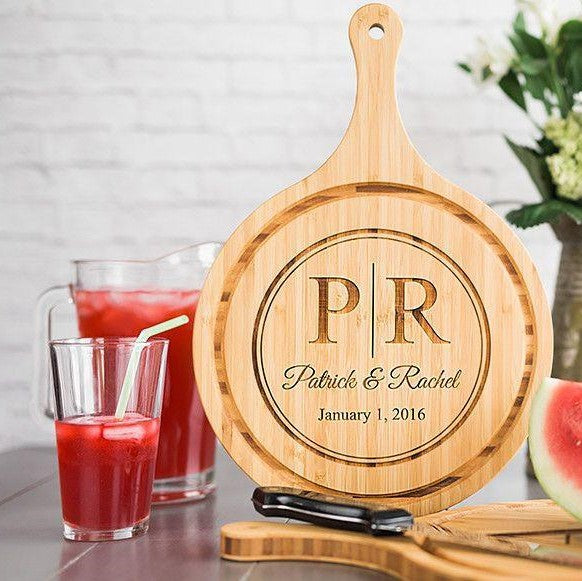 Personalized Large Handled Round Cutting Board with Juice Grooves
