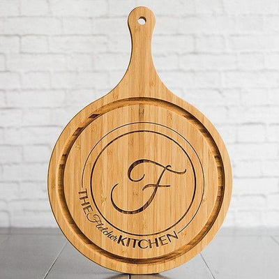 Personalized Large Handled Round Cutting Board with Juice Grooves