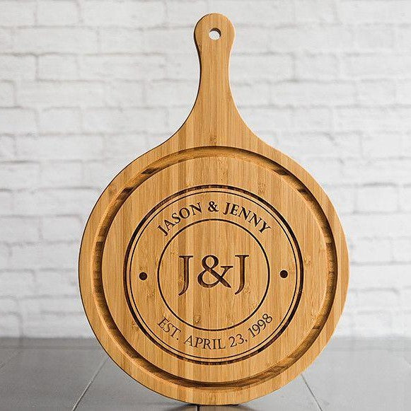 Personalized Large Handled Round Cutting Board with Juice Grooves