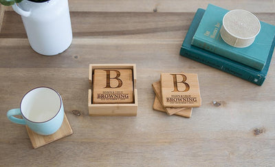 Wellquest Living - Branded Custom Bamboo Coasters, Set of 4, W/ Coaster Box