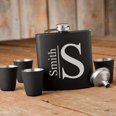 Personalized Black Flask Set - Flask & 4 Shot Glasses Gift Box Set - Modern - JDS