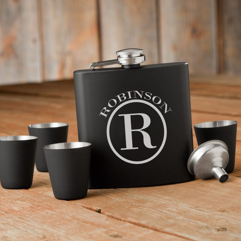 Personalized Black Flask Set - Flask & 4 Shot Glasses Gift Box Set - Circle - JDS