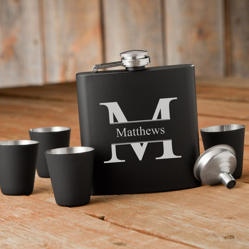 Personalized Black Flask Set - Flask & 4 Shot Glasses Gift Box Set - Stamped - JDS