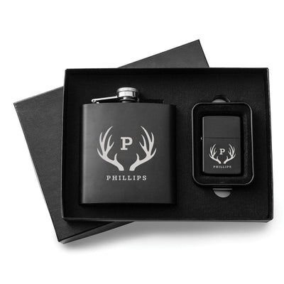 Personalized Flask & Lighters Gift Set - Antlers - JDS