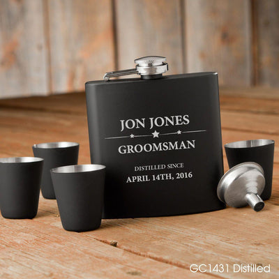 Personalized Matte Black Flask & Shot Glass Gift Box Set - Distilled - JDS