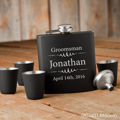 Personalized Matte Black Flask & Shot Glass Gift Box Set - Modern - JDS