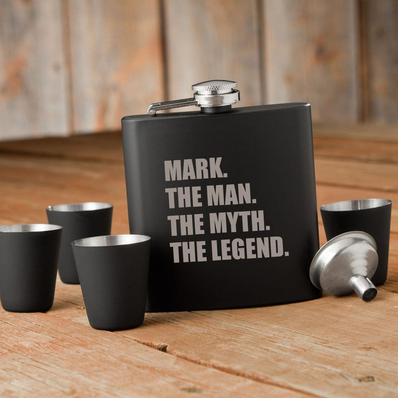 The Man. The Myth. The Legend. Matte Black Flask and Shot Glass Set - - JDS