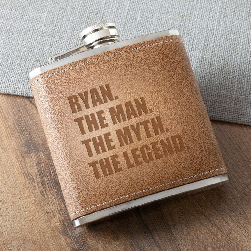 The Man. The Myth. The Legend. Tan Hide Stitched Flask - - JDS