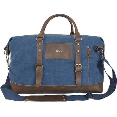 Personalized Blue Canvas and Leather Weekender Duffle Bag - Gold - JDS