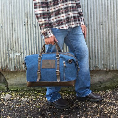 Personalized Blue Canvas and Leather Weekender Duffle Bag - - JDS