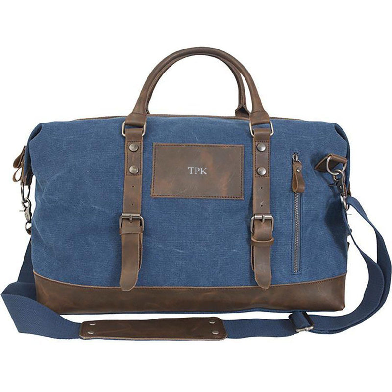 Personalized Blue Canvas and Leather Weekender Duffle Bag - Silver - JDS