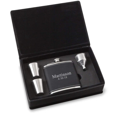 Personalized Black Faux Leather Stainless Steel Flask Gift Set - 2Lines - JDS