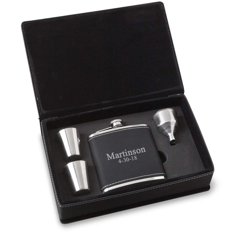 Personalized Black Faux Leather Stainless Steel Flask Gift Set - 2Lines - JDS