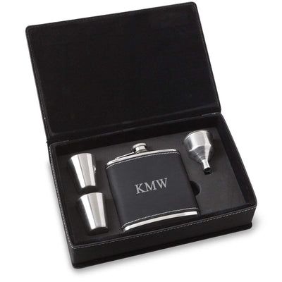 Personalized Black Faux Leather Stainless Steel Flask Gift Set - 3Initials - JDS