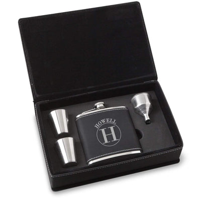 Personalized Black Faux Leather Stainless Steel Flask Gift Set - Circle - JDS