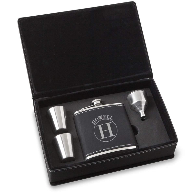 Personalized Black Faux Leather Stainless Steel Flask Gift Set - Circle - JDS