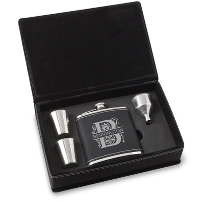 Personalized Black Faux Leather Stainless Steel Flask Gift Set - Filigree - JDS