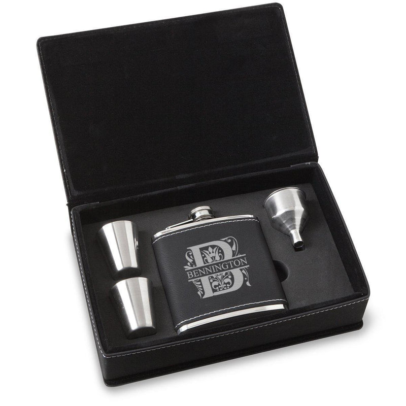 Personalized Black Faux Leather Stainless Steel Flask Gift Set - Filigree - JDS