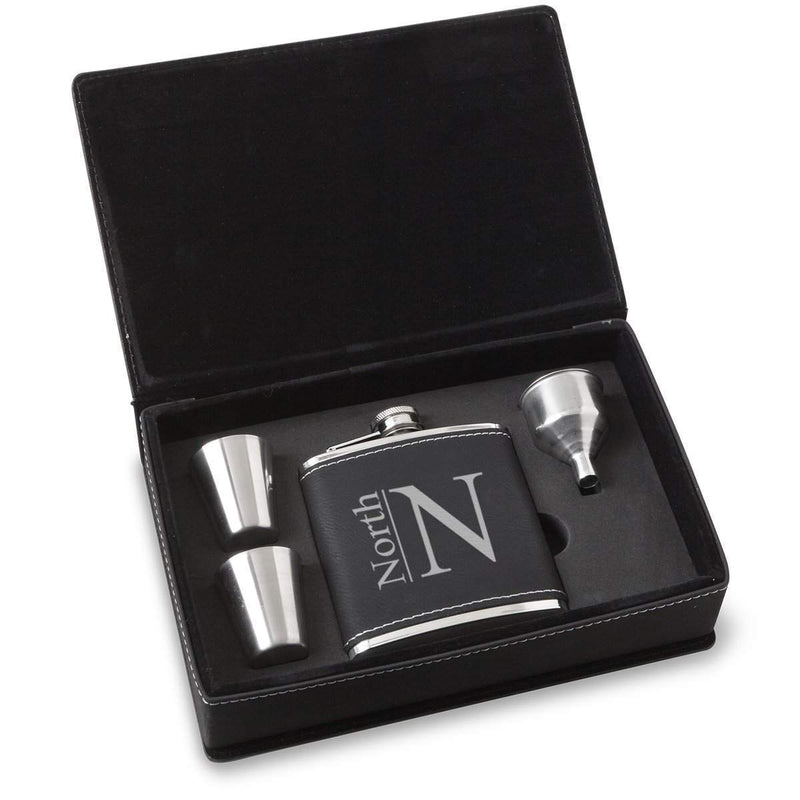 Personalized Black Faux Leather Stainless Steel Flask Gift Set - Antler - JDS