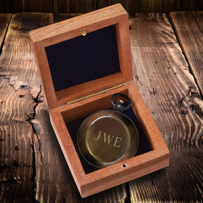 Personalized Antiqued Keepsake Compass with Wooden Box - 3INITIALS - JDS