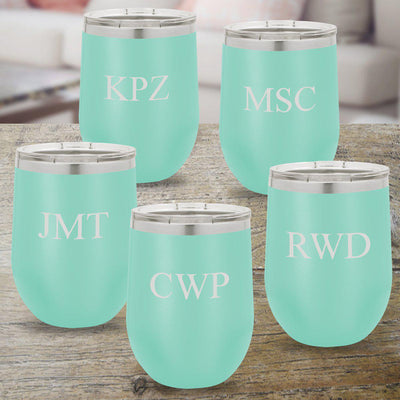 Personalized Bridesmaid Set of 5 - 12 oz. Insulated Wine Tumbler - Teal - 3Initials - JDS